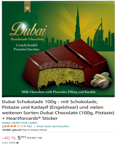 Dubai Schokolade (XL) mit Pistazie & Kunafeh Engelshaar Kadaif - Nach Top Rezeptur! Virale TikTok Hype Schokolade