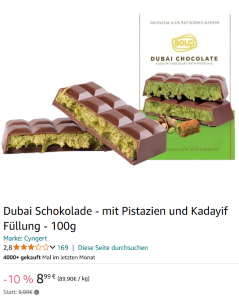 Dubai Schokolade - mit Pistazien und Kadayif Füllung - 100g