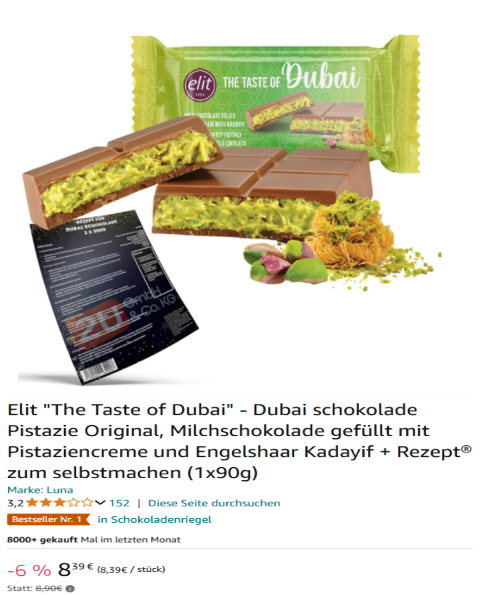 Elit The Taste of Dubai - Dubai schokolade Pistazie Original, Milchschokolade gefüllt mit Pistaziencreme und Engelshaar Kadayif + Rezept zum selbstmachen (1x90g)