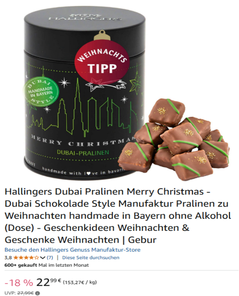 Hallingers Dubai Pralinen Merry Christmas - Dubai Schokolade Style Manufaktur Pralinen zu Weihnachten handmade in Bayern ohne Alkohol (Dose)
